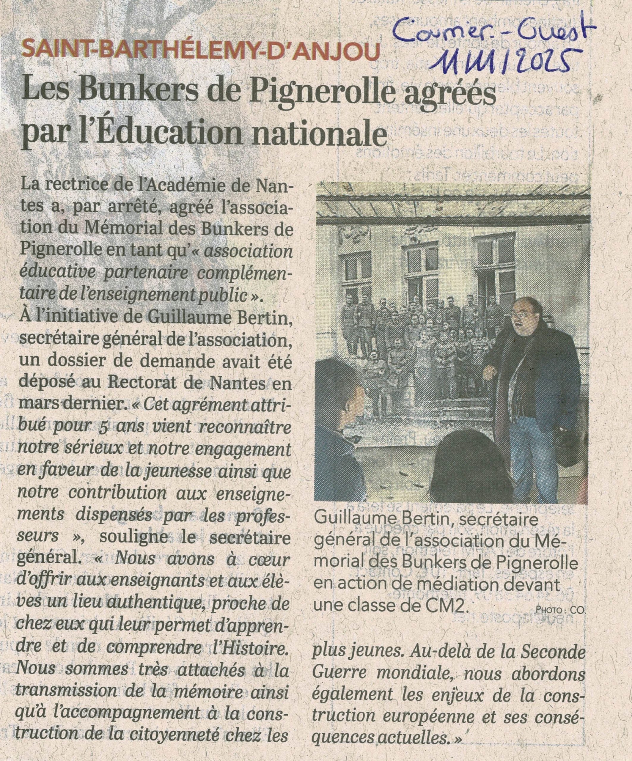 Article Agrément Education Nationale Bunkers de Pignerolle - 11 novembre 2025